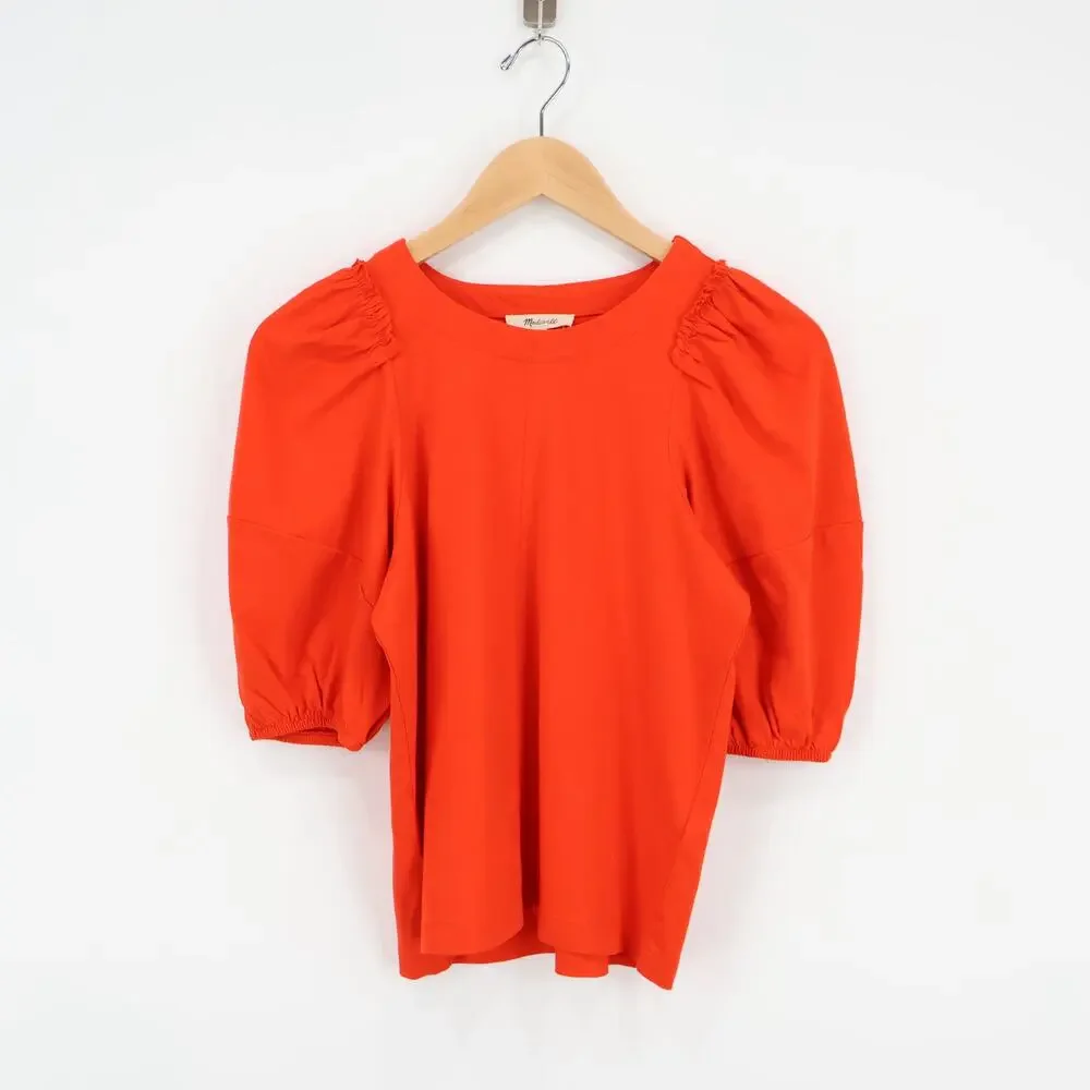 Madewell Puff Sleeve Cotton Tee Bright Flame Size XXS NWT